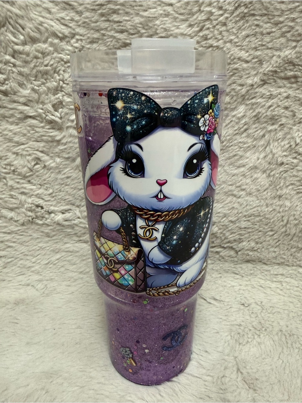 Purple Bunny Travel Tumbler with Glitter Accent